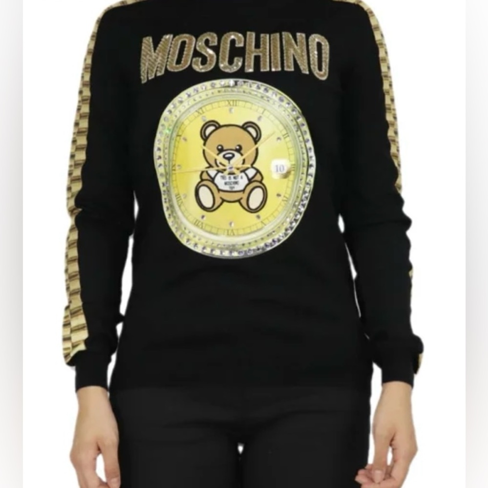 MOSCHINO Black Sweater with Gold Teddy Bear Design,Size 6/SMALL 100 wool